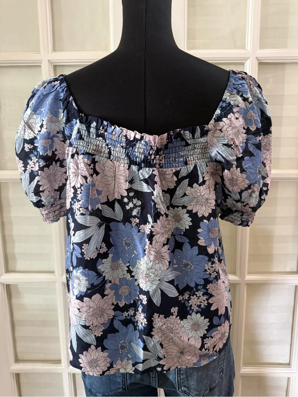 J. Crew Navy Floral Smocked Square-Neck Puff-Sleeve Top
